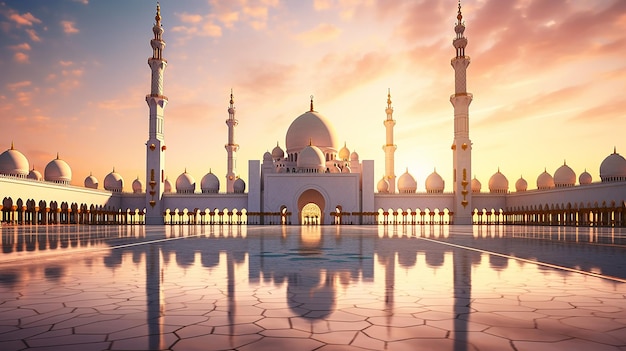 Abu Dhabi, Emiratos Árabes Unidos en la gran mezquita Sheikh Zayed con un hermoso cielo y reflejos