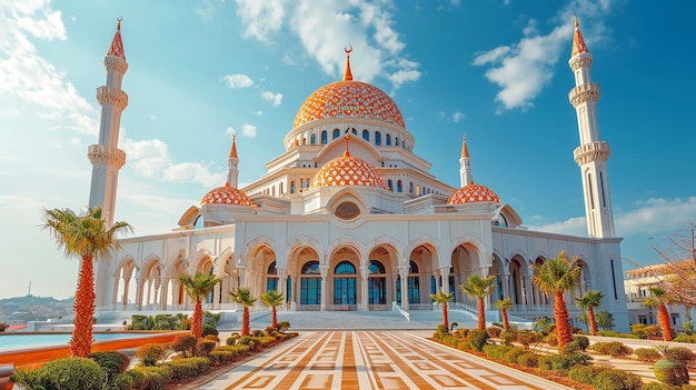 Foto abu dhabi no pôr-do-sol dourado vista externa da mesquita emirados árabes unidos