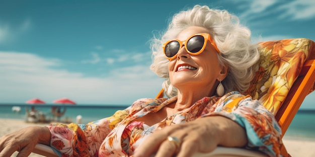 La abuela alegre y feliz descansa en la playa en una tumbona IA generativa