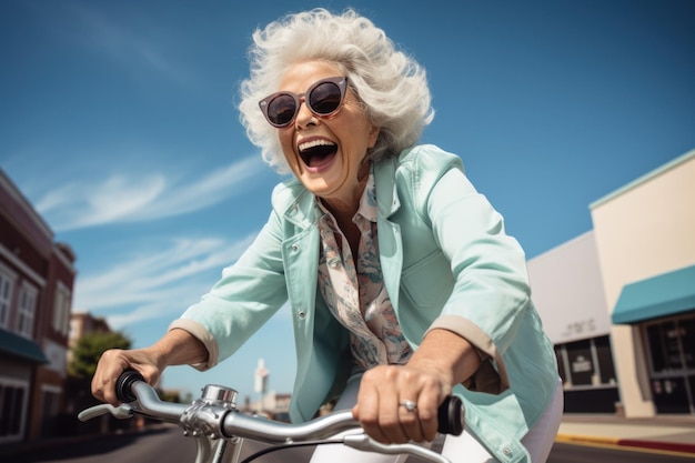 La abuela alegre monta una bicicleta fotografía de alto brillo limpio enfoque agudo