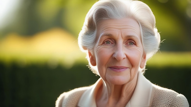 Una abuela amable y sonriente mira hacia otro lado espacio de copia mujer sabia vejez primer plano de la cara de una anciana