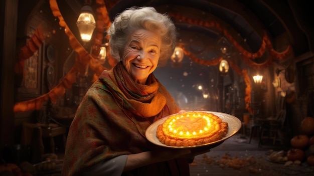 Una abuela anciana agarrando un pastel de calabaza Generativo Ai