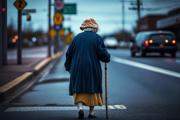 Abuela anciana con un bastón tratando de cruzar la carretera ilustración IA generativa