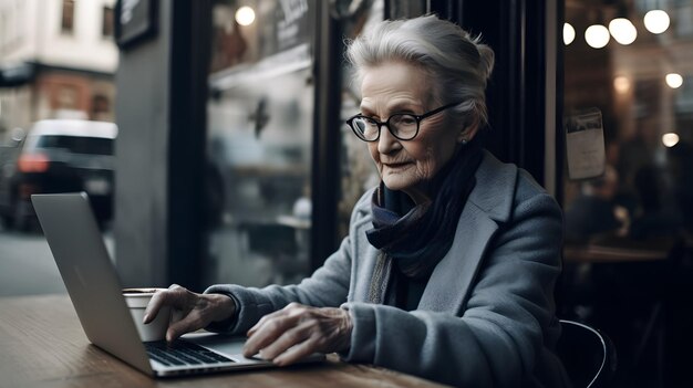 Abuela anciana comerciando en una computadora portátil trabajando a distancia anciana IA generativa