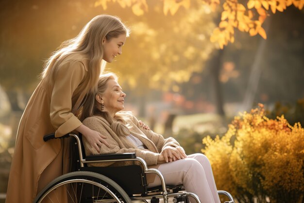 Foto abuela anciana sentada en silla de ruedas y cuidador cuidadoso o enfermera cuidando al paciente en el parque concepto de ahorros y seguro de salud para ancianos o paciente con cáncer o alentar al paciente