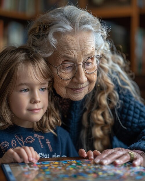 Foto la abuela ayuda a su nieta en matemáticas