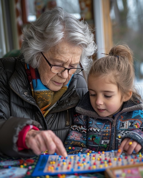 Foto la abuela da clases de matemáticas a su nieta