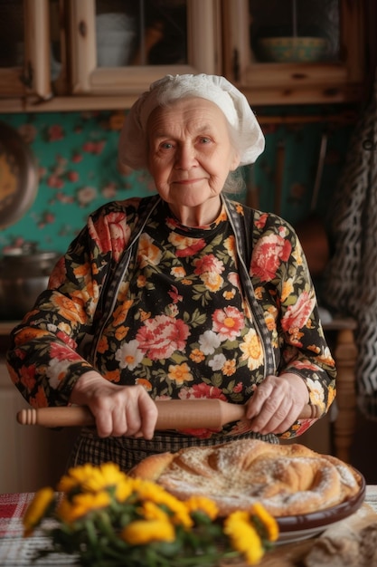 Una abuela de Europa del Este en la cocina con un rodillo en las manos prepara la masa
