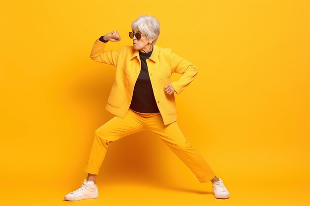 Abuela con gafas de sol haciendo poses en un estudio con fondo amarillo