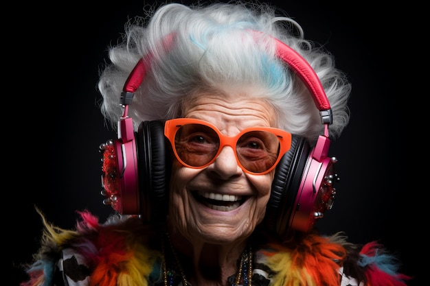 Abuela genial Anciana escucha música con auriculares