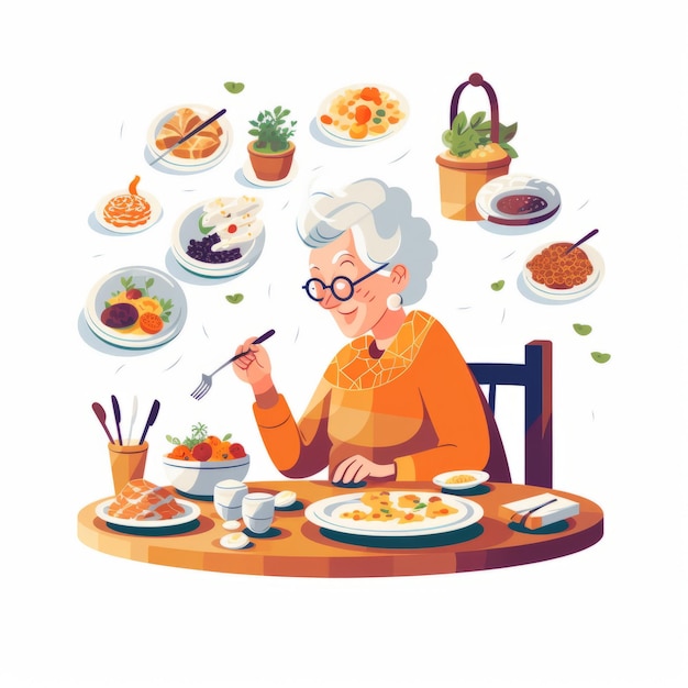 abuela con ilustración de comida