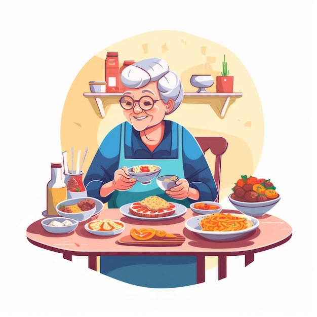 abuela con ilustración de comida