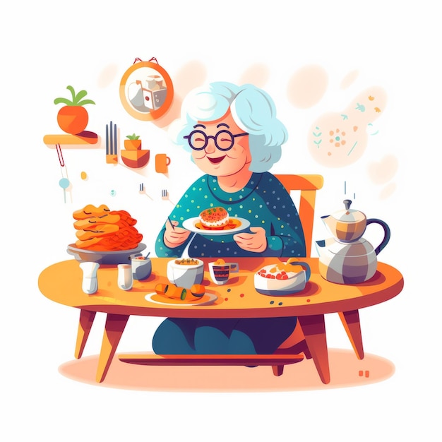 abuela con ilustración de comida