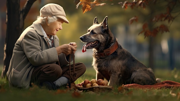 La abuela juega con el perro en el parque.