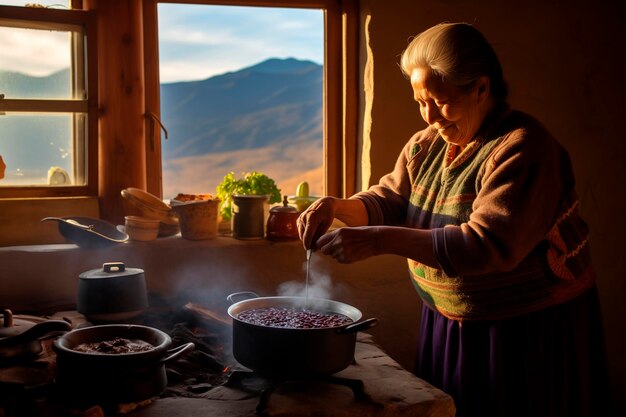 Foto abuela latinoamericana preparando el desayuno dentro de una cocina tradicional