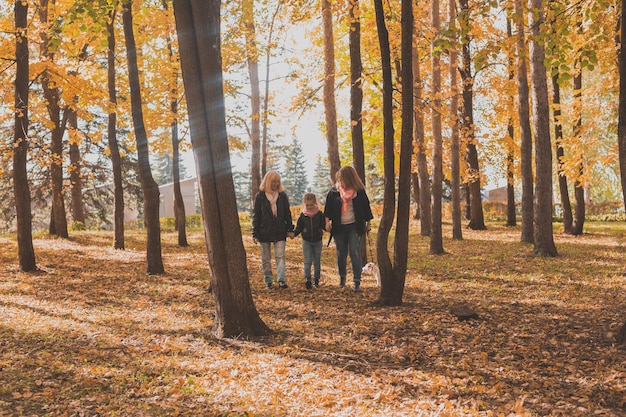 Abuela y madre con nieta caminan juntas en el parque de otoño y se divierten generación