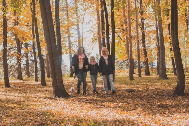 Abuela y madre con nieta caminan juntas en el parque de otoño y se divierten generación