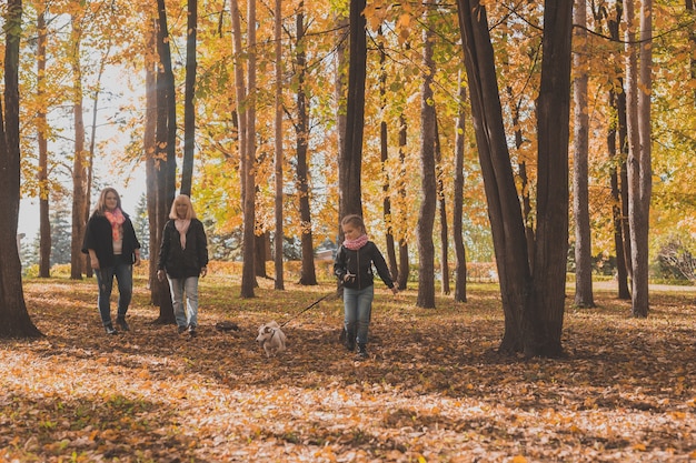 La abuela y la madre con su nieta caminan juntas en el parque de otoño y se divierten. Concepto de generación, ocio y familia.