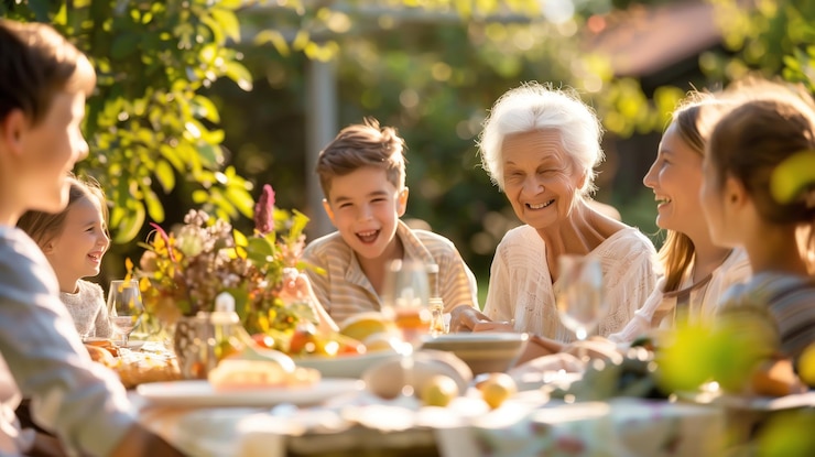 Una abuela mayor alegre se sienta rodeada por su familia en una mesa de cena al aire libre Generative Ai