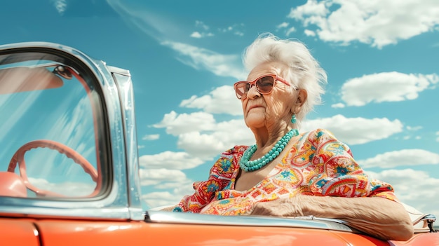 La abuela de moda en un vestido vibrante un descapotable de la vieja escuela cielo despejado