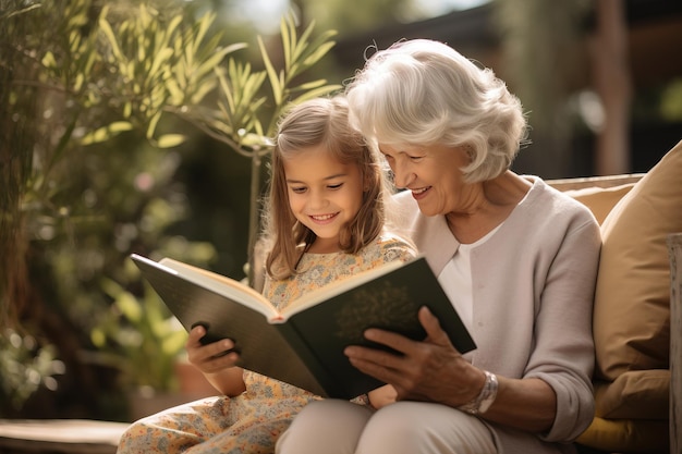 Abuela y nieta alegres están leyendo un libro juntas IA generativa