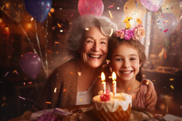 La abuela y la nieta celebran juntos