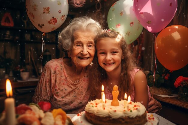 La abuela y la nieta celebran juntos