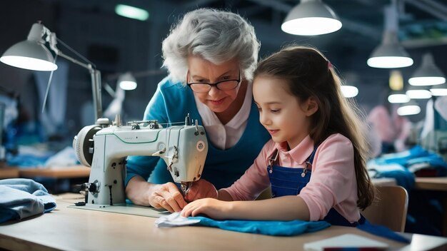 La abuela con la nieta cosían ropa en la fábrica.