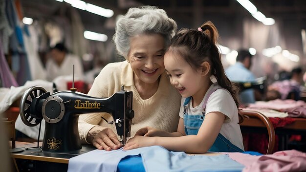 La abuela con la nieta cosían ropa en la fábrica.