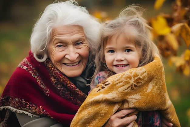 Abuela con nieta juega en el parque de otoño Retrato de primer plano