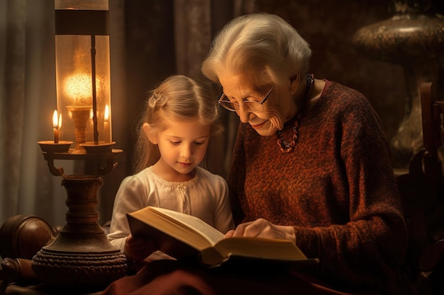 Una abuela y una nieta leyendo un libro juntas