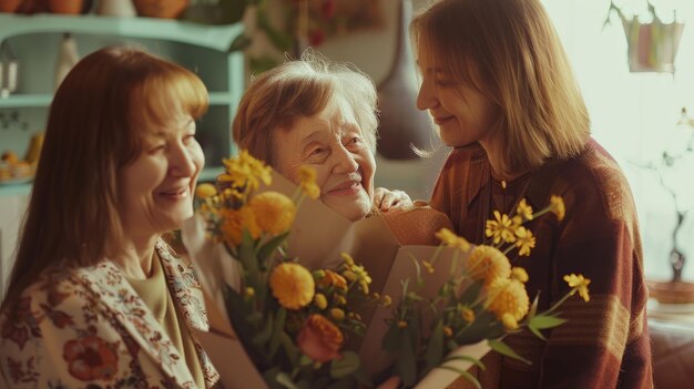 La abuela, la nuera y la nieta se felicitan el uno al otro en el Día de la Madre, dan flores.