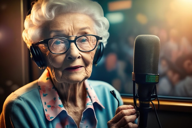 Una abuela podcaster grabando audio generado por Ai