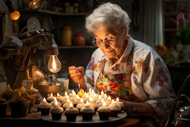 La abuela prepara cupcakes en la cocina Generative Ai