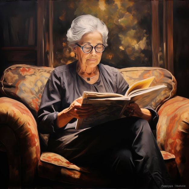 La abuela en el sillón leyendo un libro de arte de retratos generado por ai