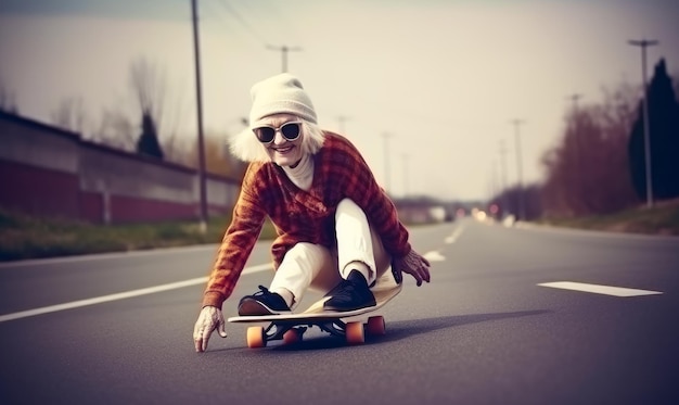 Abuela sonriente con gafas de sol oscuras y gorra sentada en una patineta Estilo de vida jubilado activo Calle vacía como telón de fondo IA generativa