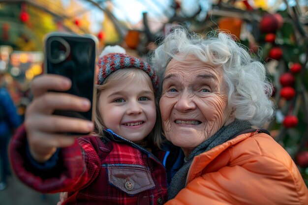 Foto abuela con su nieta tomando una selfie