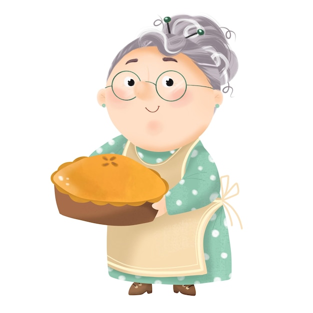 Abuela con una tarta Ilustración de dibujos animados Mujer anciana divertida cocinando una comida casera caliente