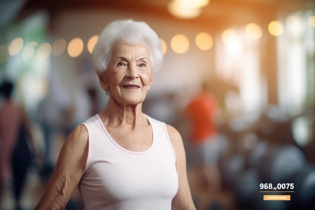 Abuelita hermosa feliz en el gimnasio