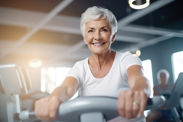 Abuelita hermosa feliz en el gimnasio