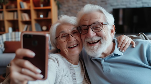 El abuelo y la abuela ancianos pasan el tiempo divirtiéndose usando el teléfono inteligente para tomarse selfies