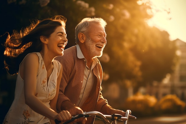 Abuelo y abuela andan en bicicleta en el parque bajo el sol generativo ai