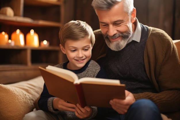 Abuelo alegre y nieto leyendo un libro juntos