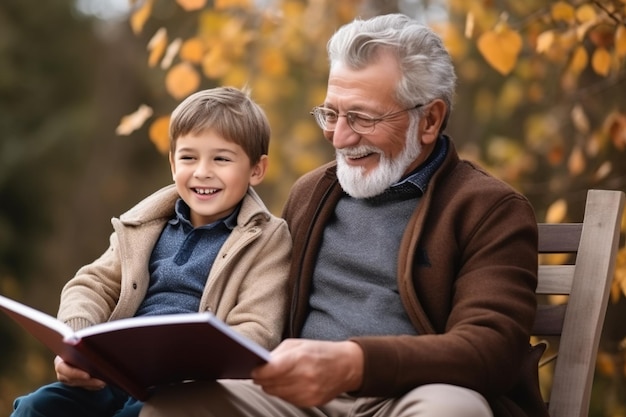 Abuelo alegre y nieto leyendo un libro juntos