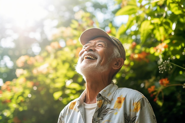 Un abuelo asiático feliz en un jardín verde