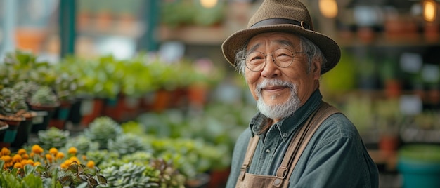 El abuelo asiático jubilado disfruta sonriendo y cuidando felizmente el jardín interior de su casa
