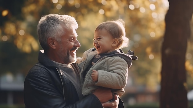 Foto el abuelo de cabello gris abraza a joy sosteniendo a su nieto en el parque.