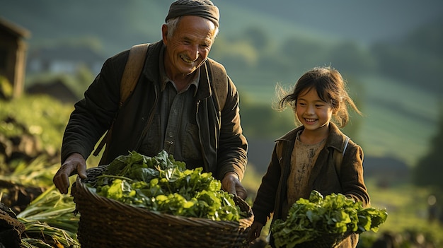 El abuelo camina con su nieta mientras lleva una caja de lechuga