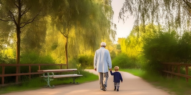 Abuelo caminando junto con su nieto al atardecer Concepto de feliz día del abuelo día de los abuelos