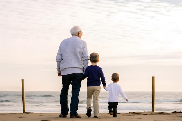 Abuelo caminando junto con sus nietos en la playa Concepto de feliz día del abuelo día de los abuelos